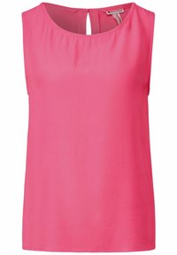 Ärmlös topp i ljusrosa tyg, med rund halsringning och en liten nyckelhålsöppning på baksidan. Slät textur, inga synliga mönster.