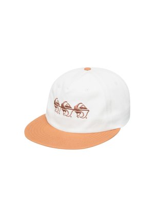 White baseball cap with an orange brim; features three brown graphic elements on the front. Made of soft cotton material.