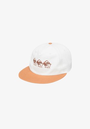 White baseball cap with an orange brim; features three brown graphic elements on the front. Made of soft cotton material.