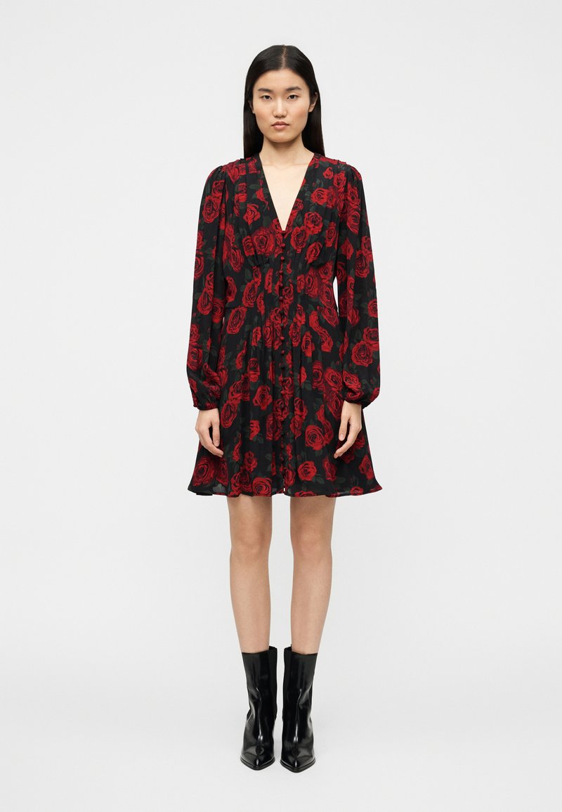 Μαύρο φόρεμα με λουλουδένιο σχέδιο και μοτίβα κό κκινων τριαντάφυλλων, ντεκολτέ σε σχήμα V, μακριά φουσκωτά μανίκια και φούστα που ανοίγει. Συνδυάζεται με μαύρα μποτάκια αστραγάλου.