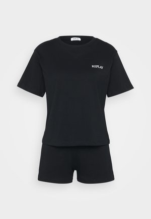 Black cotton t-shirt and shorts set, featuring short sleeves, a relaxed fit, and a small white "REPLAY" logo on the chest.