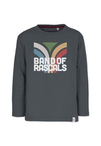 Harmaa pitkähihaine t-paita, jossa on monivärinen graafinen muotoilu tyylitellyillä muodoilla ja tekstillä "BAND OF RASCALS" lihavilla valkoisilla kirjaimilla.