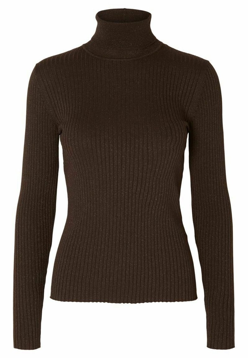 Pull à col roulé marron à manches longues côtelées, silhouette ajustée et col haut.