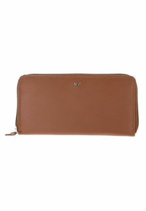Brown leather zip-around wallet with a small silver logo centered near the top edge on a white background.