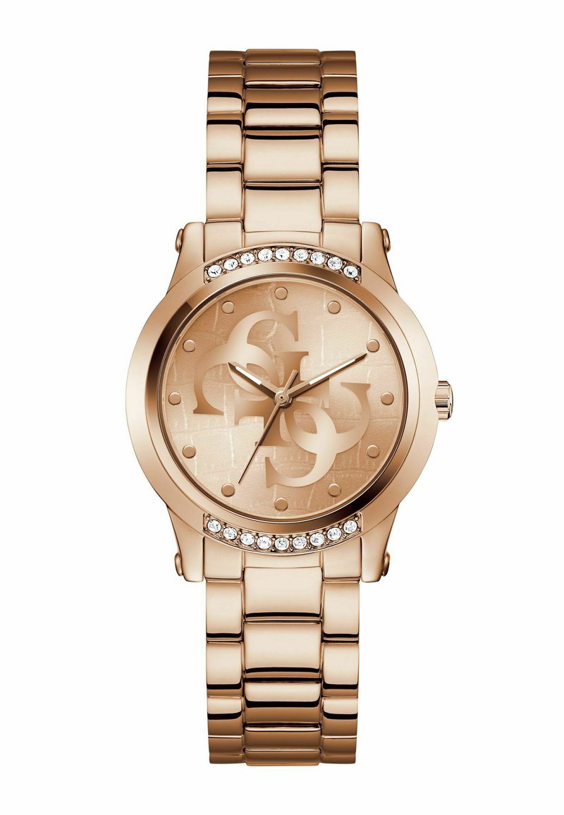 Reloj de metal en oro rosa con esfera redonda, adornado con cristales, con un dial texturizado y un diseño de logotipo audaz. Pulsera estilo brazalete.