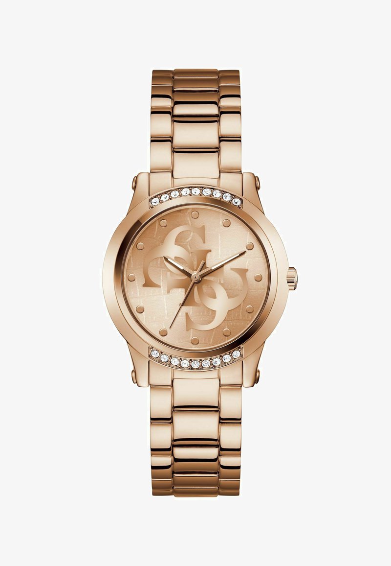 Reloj de metal en oro rosa con esfera redonda, adornado con cristales, con un dial texturizado y un diseño de logotipo audaz. Pulsera estilo brazalete.