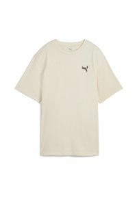 T-shirt a maniche corte color crema in cotone, con un piccolo logo multicolore sul lato sinistro del petto. Vestibilità rilassata con scollatura a girocollo.