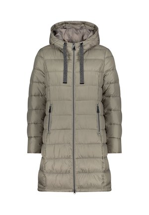 Gepolsterte Parka in gedämpftem Olivgrün mit Reißverschluss vorne, verstellbarem Kapuzenzug und zwei seitlichen Reißverschlusstaschen. Glattes, leichtes Material mit Kanälenähten.