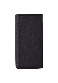 Portafoglio nero con finitura texture, forma rettangolare e bordi cuciti. Presenta un motivo sottile sulla superficie esterna.
