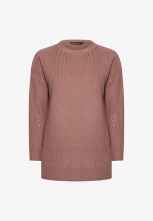 Sweter z dzianiny w kolorze przybrudzonego różu, z okrągłym dekoltem, długimi rękawami, ryżowym wzorem oraz drobnymi wycięciami na rękawach.