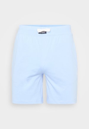 Shorts di cotone azzurro chiaro con vita elastica, dotati di un cordoncino bianco e un piccolo logo sulla parte anteriore destra in basso.
