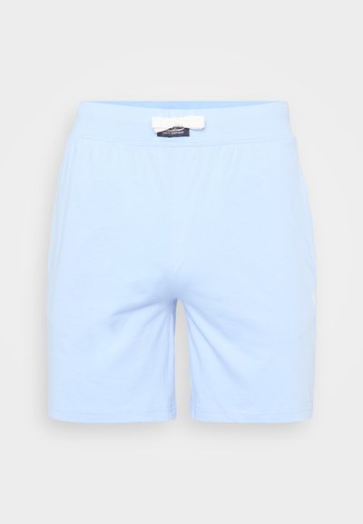 Calções de algodão azul claros com um cós elástico, apresentando um cordão branco e um pequeno logótipo na parte inferior direita da frente.
