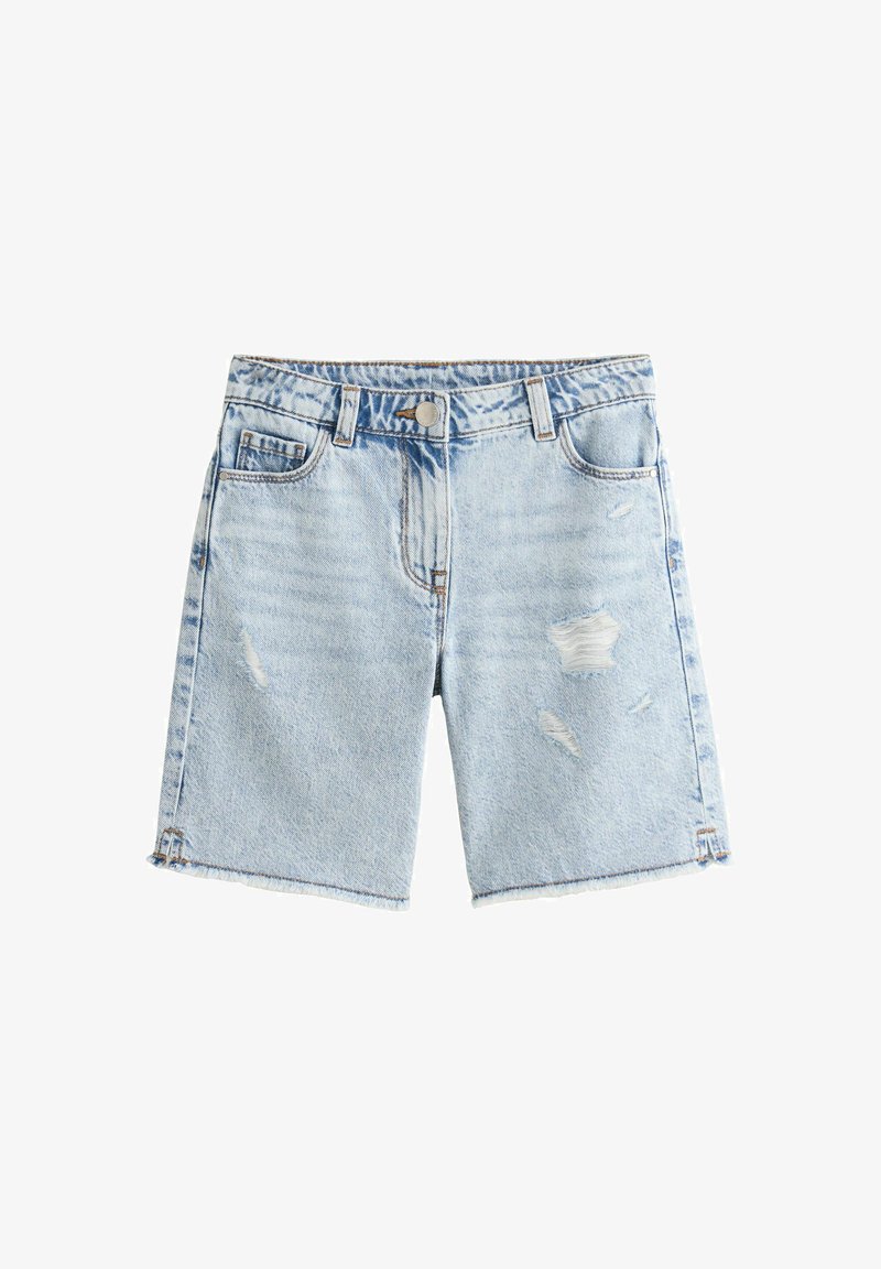 Light blue denim shorts with a high waist, distressed details, front pockets, and a button closure on a white background.
