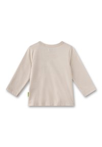 Beige Hemd aus Baumwolle mit langen Ärmeln, runder Ausschnitt, geripptem Kragen, schlichter Gestaltung und einem kleinen grünen Etikett an der unteren linken Seite.