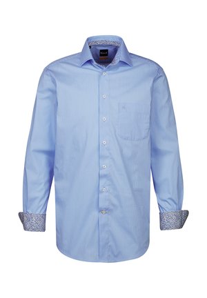 Himmelblau gestreift, langärmliges Hemd mit Kragen, Brusttasche und floral gemusterten Manschetten. Hergestellt aus glattem Stoff mit Knopfverschluss.