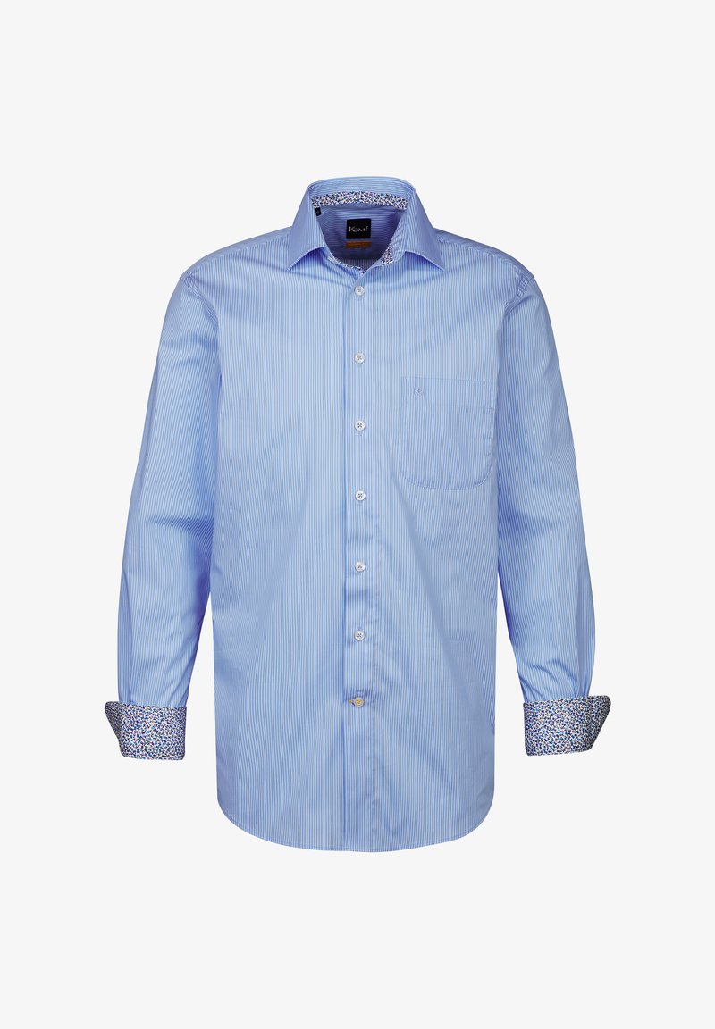 Camicia a maniche lunghe a righe azzurre con colletto, taschino sul petto e polsini a motivo floreale. Realizzata in tessuto morbido con chiusura a bottoni.