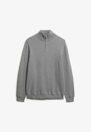 Gray knit pullover with a high collar and quarter-zip closure. Features textured fabric and long sleeves with ribbed cuffs and hem.