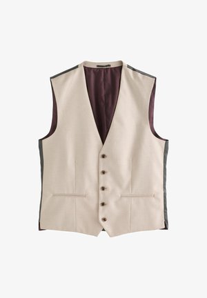 Bež prsluk s V-izrezom, pet smeškastih dugmadi, dva prednja džepa, sivi rub na ramenima i tamnocrvena obloga s uzorkom.