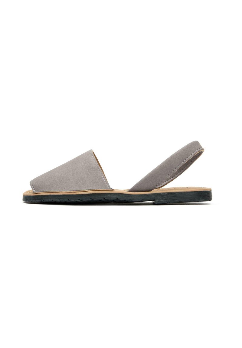 Gray suede slip-on sandals with a minimal design, open back, and a flat black rubber sole. Features a smooth texture and triangular shape.