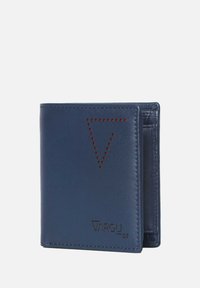 Navy leather wallet featuring red perforated triangle design, embossed logo, and card slots. Smooth texture with a compact, bi-fold shape.