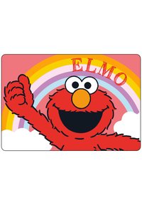 Red cartoon character with a wide smile, waving hand. Background features a rainbow and clouds, with the word "ELMO" above in bold lettering.