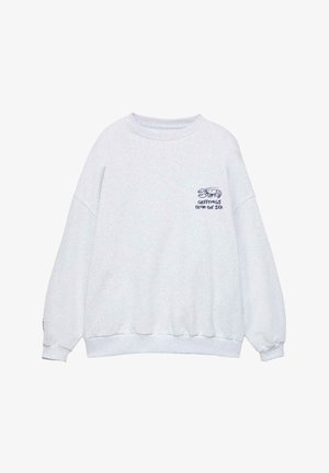Sweat-shirt gris clair à col rond avec un petit homard bleu marine et le texte "Greetings from the sea" sur la poitrine gauche.