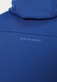 Felpa con cappuccio in poliestere blu, traspirante e con texture liscia. Presenta un logo "MAMMUT" discreto sulla parte posteriore e un design del cappuccio aderente.
