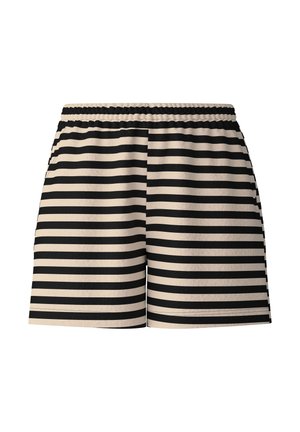 Black and beige striped shorts with an elastic waistband, featuring a smooth texture and side pockets, designed for casual wear.
