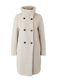 Cappotto in lana a spina di pesce beige con alto colletto a imbuto, maniche lunghe e sei bottoni neri in stile doppiopetto.