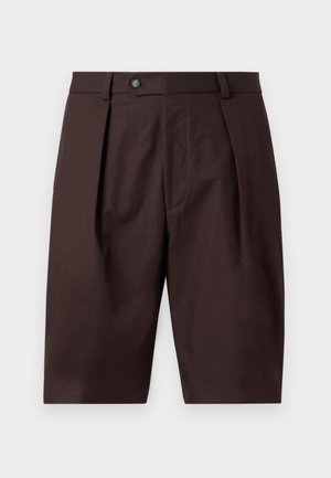Brown knee-length tailored shorts with front pleats, belt loops, and a button closure on a plain light background.