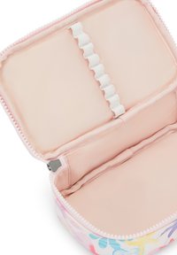 Pink sipper case with a floral pattern exterior, soft interior, and elastic straps for organization. Zipper closure with decorative detailing.