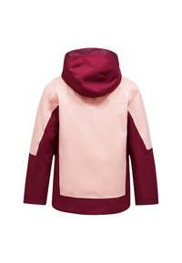 Giacca con un design a blocchi di colore porpora e blush. Presenta un cappuccio, maniche lunghe e un tessuto morbido e resistente. Contrassegnata con il logo del marchio.