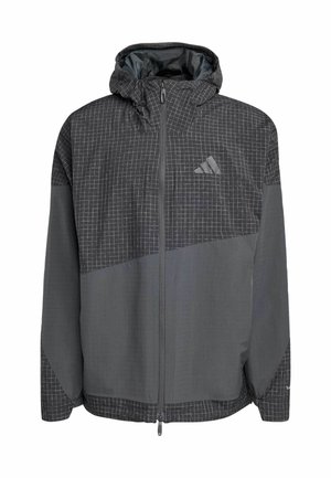 Dark gray jacket with a checkered pattern on the upper half and solid lower half. Features a zip closure and a hood. Lightweight fabric.