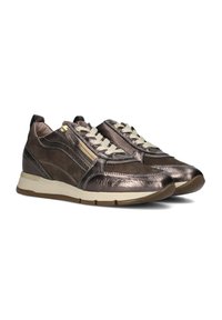 Bronzen leren en suède sneakers met geaccentueerde texturen, crèmekleurige veters en zijritsen; gevoerde zool; laag model.