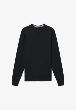 Maglione nero con scollo rotondo, maniche lunghe, polsini e orlo a coste, realizzato in tessuto strutturato. Presenta un dettaglio a righe sul collo interno.