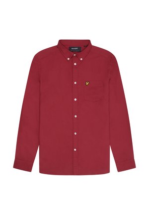 Red long-sleeve shirt made of cotton with a button-down collar, a chest pocket, and a small yellow logo on the pocket.