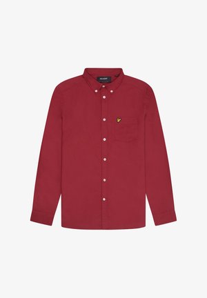 Red long-sleeve shirt made of cotton with a button-down collar, a chest pocket, and a small yellow logo on the pocket.
