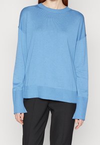Pull en tricot bleu clair avec un col rond, des épaules tombantes et des détails côtelés au niveau de l'ourlet ; coupe décontractée et manches longues.