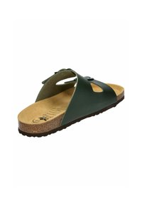 Green leather slide sandal with a cork footbed, open toe design, and an adjustable strap. Textured sole for grip and stability.
