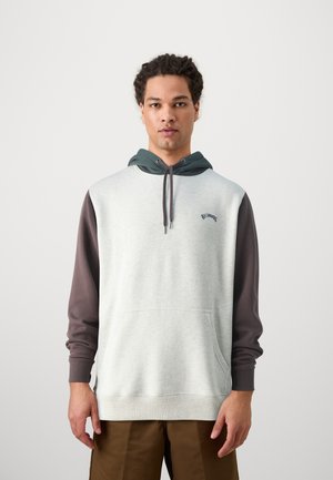 Pullover hoodie in light gray, with dark brown sleeves. Features a front pocket, adjustable drawstring hood, and embroidered logo.