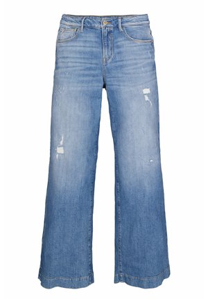 Wide-leg jeans in light blue denim with ripped accents. Features a classic five-pocket design and frayed hems for a relaxed look.
