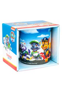 Tazza Paw Patrol, capacità di 200 ml, presenta personaggi colorati stampati su uno sfondo blu, forma cilindrica, con finitura lucida.