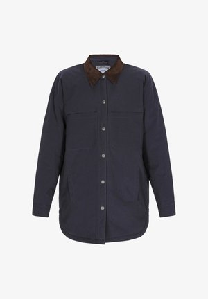 Mornarskoplavi košuljski sako od izdržljivog materijala, s smešnim kragnim od kordura, dva prednja džepa, dugmad na pritisak i zaobljeni rub.