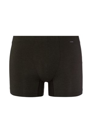 Boxer da uomo in cotone nero con una vestibilità aderente, caratterizzati da cuciture piatte e un logo sulla cintura. Texture liscia e design a vita media.
