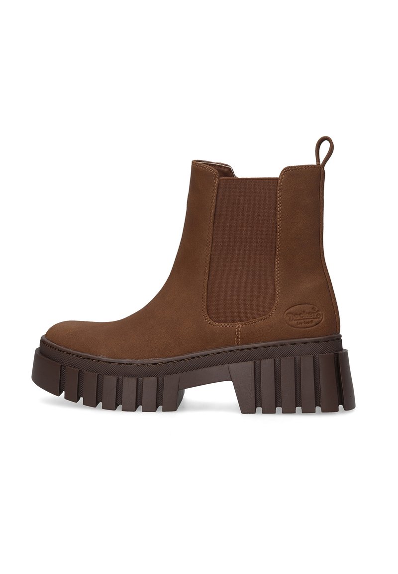 Braune Wildleder-Stiefeletten mit elastischen Seitenteilen, einer abgerundeten Zehenpartie und einer groben, gerippten Sohle. Logodetail an der Seite.