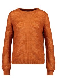 Maglione arancione lavorato a maglia con scollatura rotonda, maniche lunghe e un motivo testurizzato con design a openwork.