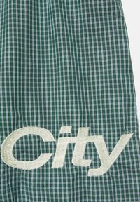 Tissu à carreaux verts et blancs avec le mot "City" brodé en grandes lettres blanches le long du bord inférieur.