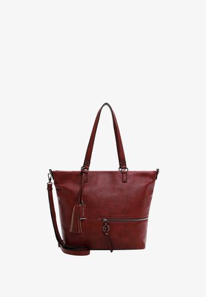 Sac fourre-tout en cuir rouge avec deux poignées et une bandoulière amovible. Comprend une poche zippée à l'avant et un gland décoratif. Texture lisse.