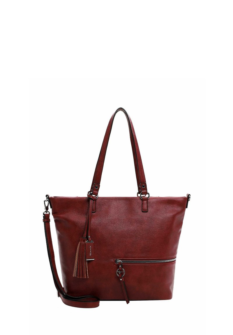 Borsa a tracolla rossa in pelle con due manici e una tracolla rimovibile. Presenta una tasca con zip sul davanti e un pompon decorativo. Texture liscia.