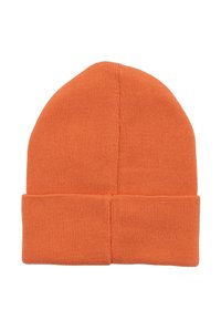 Pomarańczowa dziana czapka beanie z wywijanym ściągaczem, charakteryzująca się miękką teksturą i ciasnym dopasowaniem. Bezszwowy design bez widocznego logo.